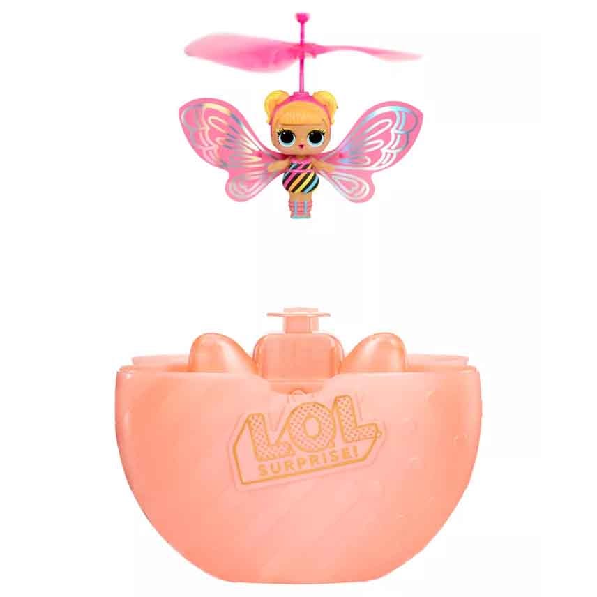 The LOL Surprise! Magic Flyers Flutter Doll features a doll with colorful wings and a rotor for flying, along with a peach-colored base for launching.