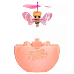 The LOL Surprise! Magic Flyers Flutter Doll features a doll with colorful wings and a rotor for flying, along with a peach-colored base for launching.