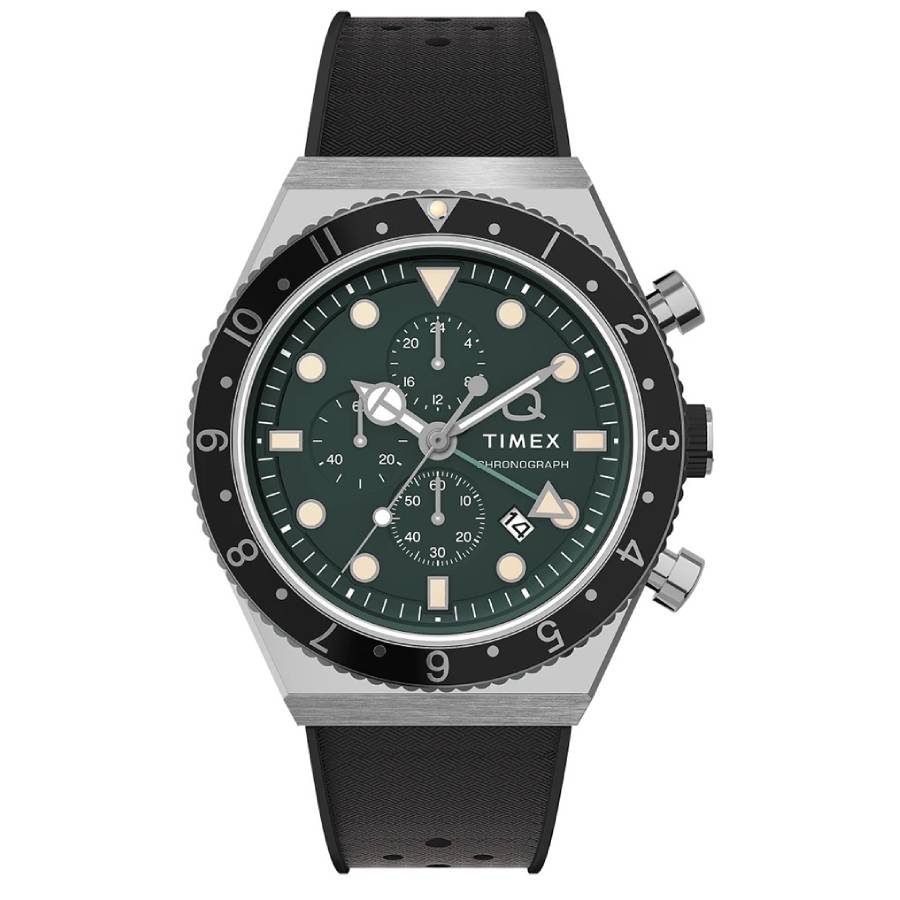A Timex chronograph watch with a green dial, luminous hands, and a black strap.