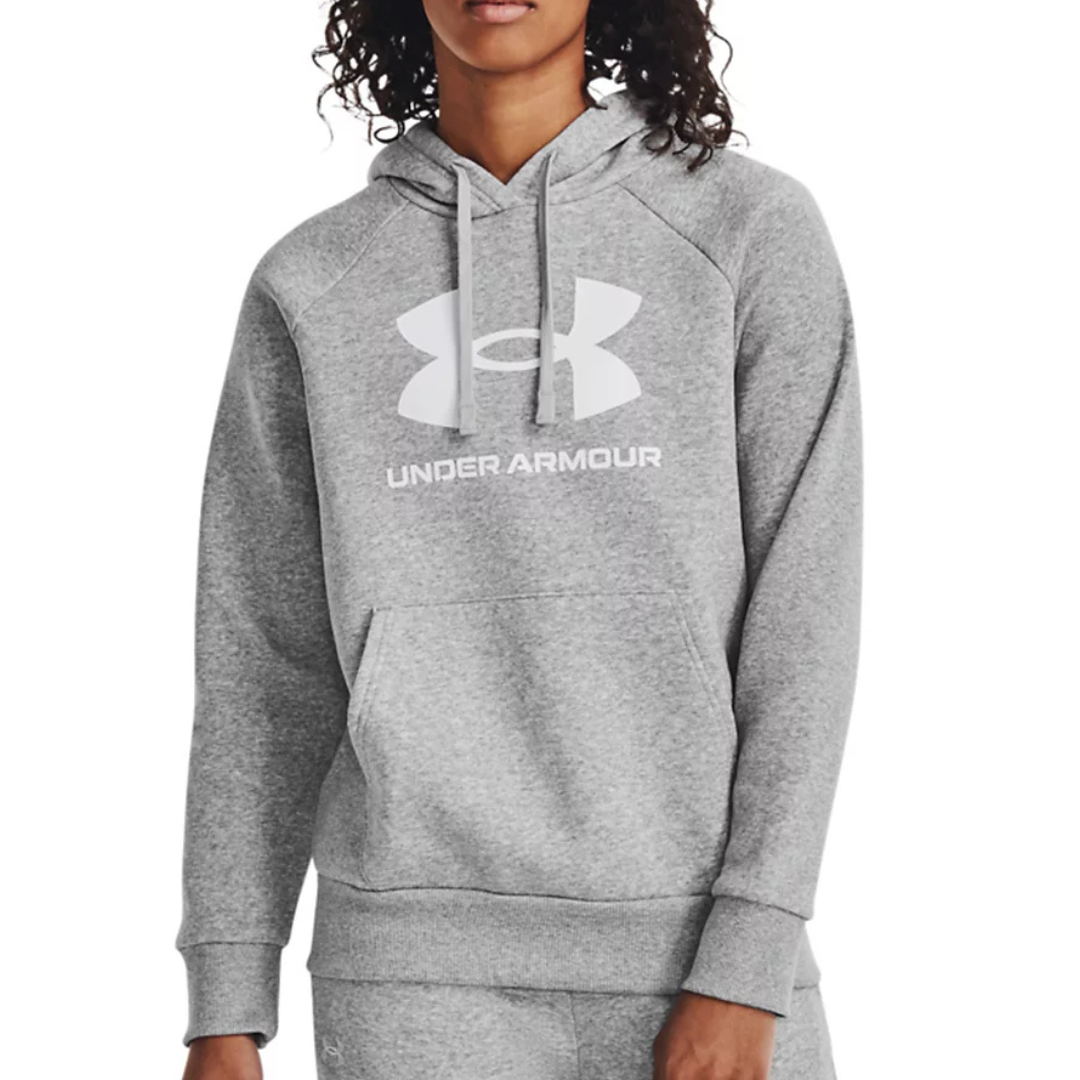 The Under Armour Rival Fleece Hoodie is a gray pullover with a large front logo, featuring a drawstring hood and a kangaroo pocket, designed for comfort and casual wear.