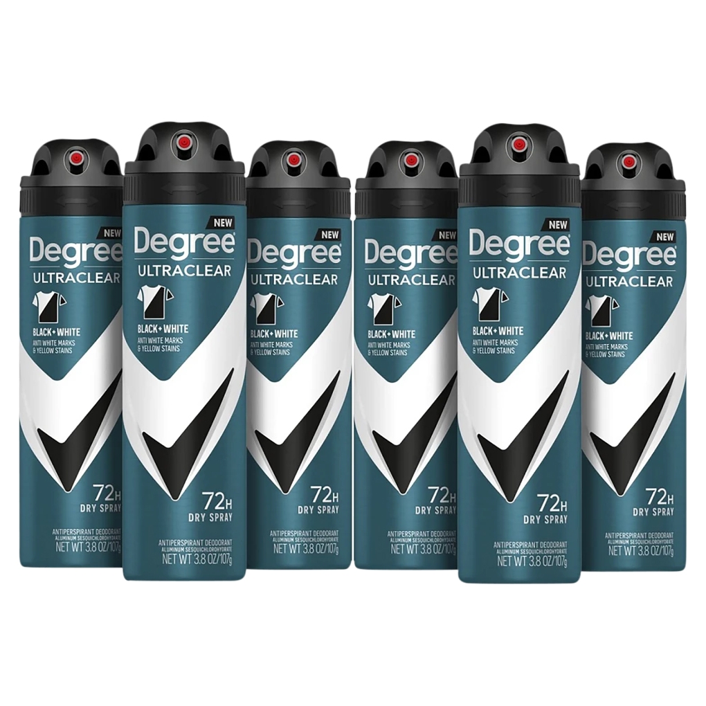 Degree Ultraclear Black + White 72-hour dry spray antiperspirant deodorant, 3.8 oz each, 6-pack. Designed to prevent white marks and yellow stains.