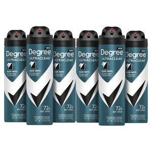 Degree Ultraclear Black + White 72-hour dry spray antiperspirant deodorant, 3.8 oz each, 6-pack. Designed to prevent white marks and yellow stains.