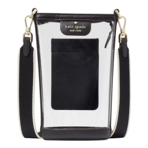 Kate Spade Clear Phone Crossbody features a transparent design with black leather trims, a pocket on the front, and an adjustable black strap with gold hardware.