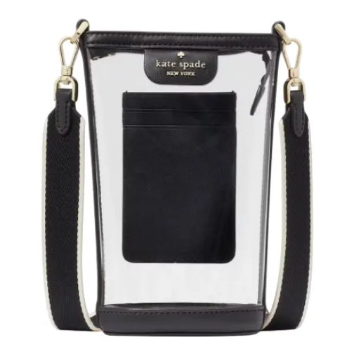 Kate Spade Clear Phone Crossbody features a transparent design with black leather trims, a pocket on the front, and an adjustable black strap with gold hardware.
