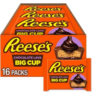 Reese's Chocolate Lava Big Cup 16-pack features peanut butter cups filled with a chocolate lava center, packaged in an orange box with Reese's branding.