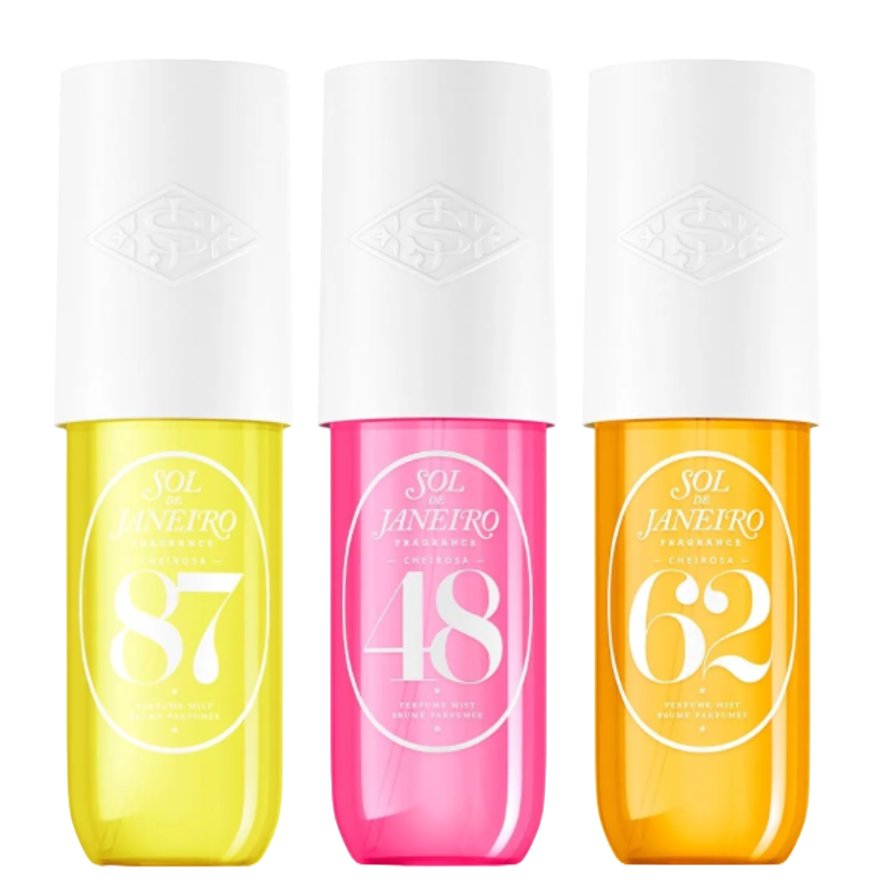 Sol de Janeiro body mists in three variants: Cheirosa 87 (yellow), Cheirosa 48 (pink), and Cheirosa 62 (orange) with white caps.