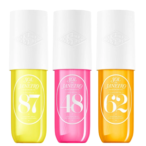 Sol de Janeiro body mists in three variants: Cheirosa 87 (yellow), Cheirosa 48 (pink), and Cheirosa 62 (orange) with white caps.