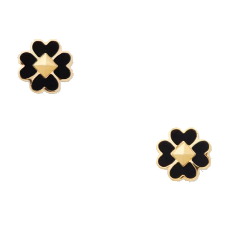 Black enamel and gold-tone flower-shaped stud earrings with pyramid-shaped centers.
