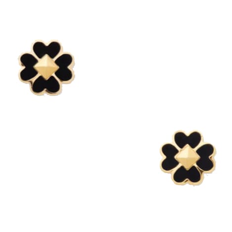 Black enamel and gold-tone flower-shaped stud earrings with pyramid-shaped centers.