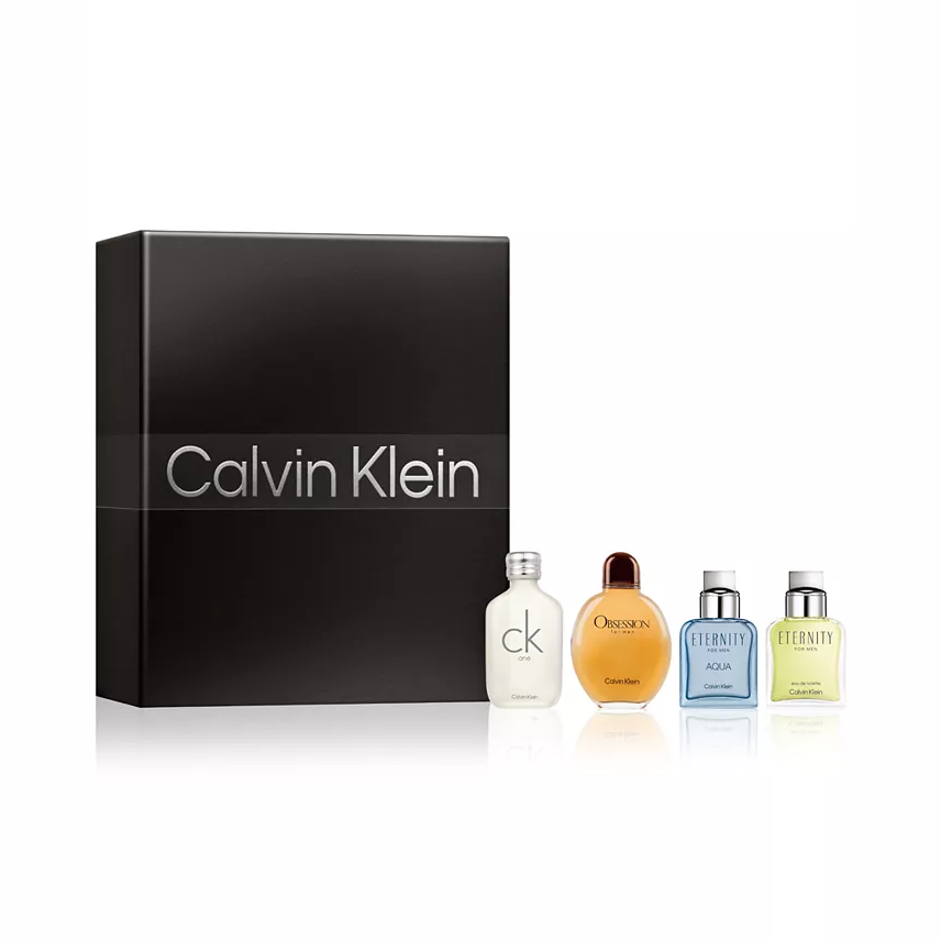 Calvin Klein fragrance gift set featuring mini bottles of CK One, Obsession for Men, Eternity for Men, and Eternity Aqua for Men.