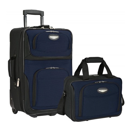 A two-piece luggage set consisting of a wheeled upright suitcase and a matching carry-on tote bag, both in navy blue with black trim.