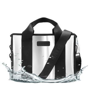 The Case-Mate Mini Beach Tote is a sleek, waterproof bag with a shiny silver finish, featuring black handles and a strap, designed for stylish and practical beach use.