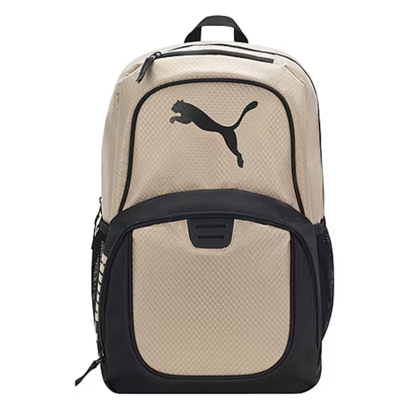 A beige and black backpack with a Puma logo, featuring a main compartment, front zipper pocket, and side mesh pockets.