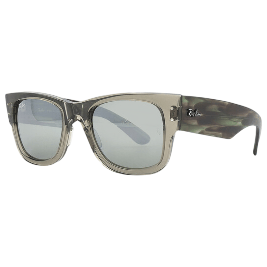 Gray square-frame sunglasses with camouflage-patterned temples, featuring mirrored lenses and a subtle logo on the arms.