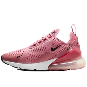 Nike Air Max 270 shoes in pink feature a large air unit in the heel, mesh upper for breathability, and black accents, including the swoosh logo. The design combines sporty aesthetics with a modern, cushioned sole.