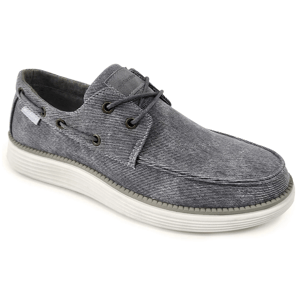A casual denim-style boat shoe with a white rubber sole, lace-up closure, and metal eyelets, ideal for everyday wear.