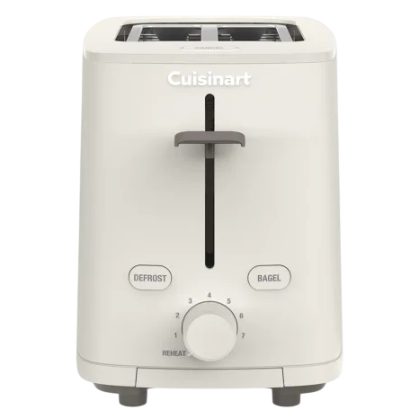 A Cuisinart toaster with two slots, featuring a lever, dial with settings 1-7, and buttons for defrost, bagel, and reheat functions.