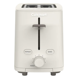A Cuisinart toaster with two slots, featuring a lever, dial with settings 1-7, and buttons for defrost, bagel, and reheat functions.