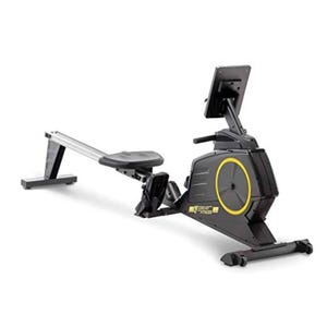 A black magnetic rowing machine with a padded seat, foot straps, and a digital display, featuring a sleek design and yellow accents on the flywheel.