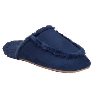 A blue slip-on slipper with a soft, fluffy lining and trim, featuring a closed toe and open back design.