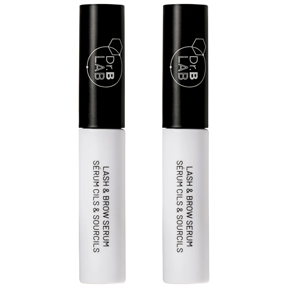 2-pack of Dr. Brandt Lash & Brow Serum designed to enhance and nourish eyelashes and eyebrows. Black cap with white tube, labeled \“Lash & Brow Serum\“ along with \“Sérum Cils & Sourcils.\“