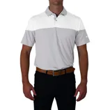A two-tone polo shirt with a white upper section and gray lower section, worn by a person with dark pants and a brown belt.
