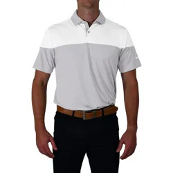 A two-tone polo shirt with a white upper section and gray lower section, worn by a person with dark pants and a brown belt.