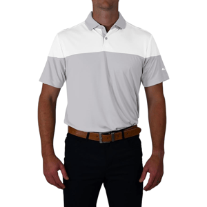 A two-tone polo shirt with a white upper section and gray lower section, worn by a person with dark pants and a brown belt.