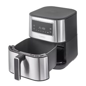 The Crux 6 Qt. Digital Air Fryer features a sleek design with a digital display, stainless steel finish, and a drawer-style basket handle. Compatible with 1500 watts of power, it is equipped for efficient air frying.