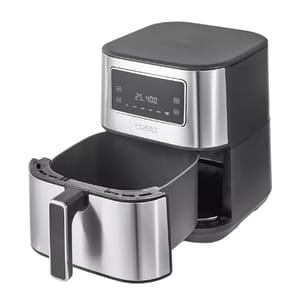 The Crux 6 Qt. Digital Air Fryer features a sleek design with a digital display, stainless steel finish, and a drawer-style basket handle. Compatible with 1500 watts of power, it is equipped for efficient air frying.