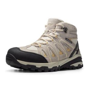 A beige hiking boot with black and yellow accents, featuring a rugged sole and ankle support suitable for outdoor activities.