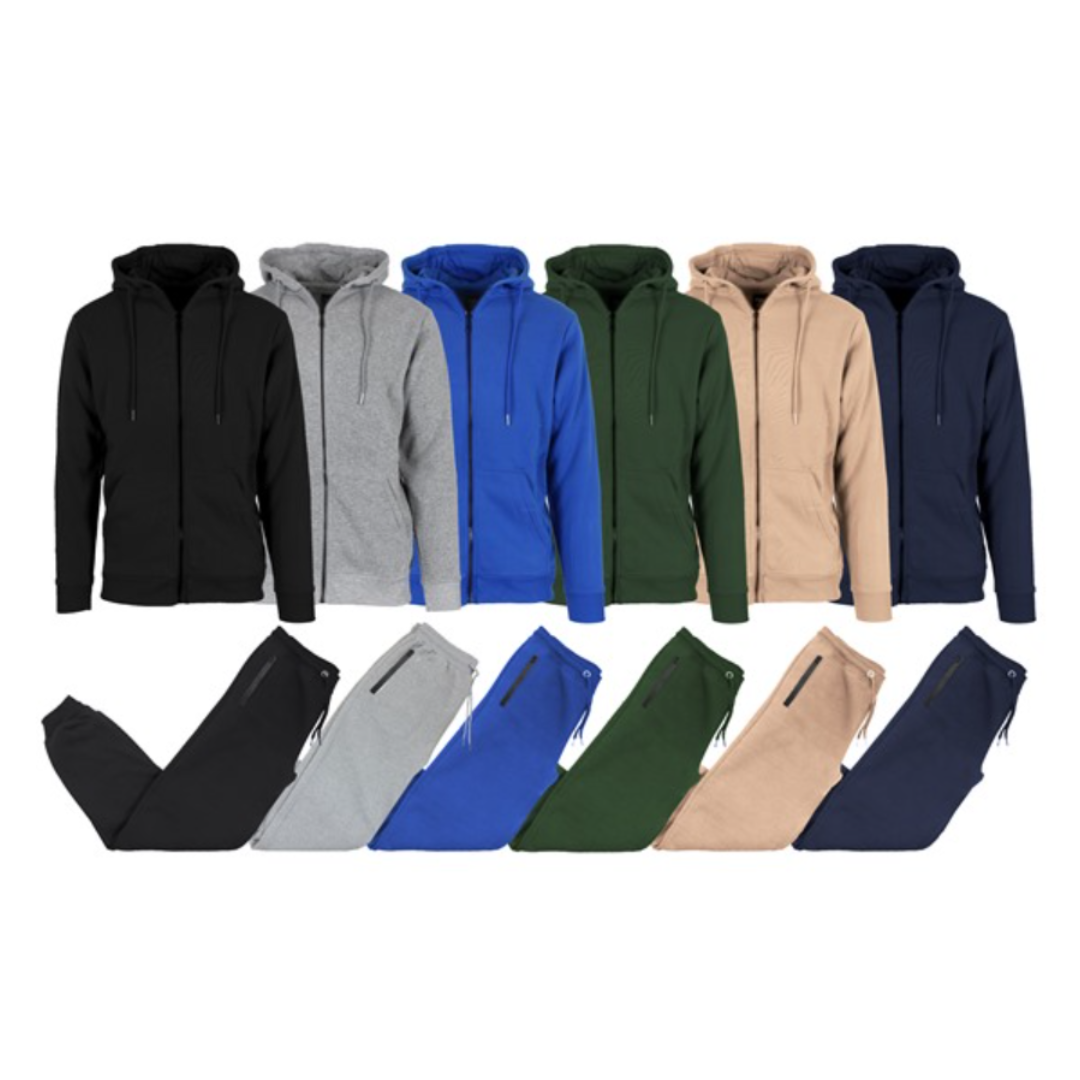 A collection of fleece-lined hoodies paired with matching joggers, available in colors black, gray, blue, green, beige, and navy.