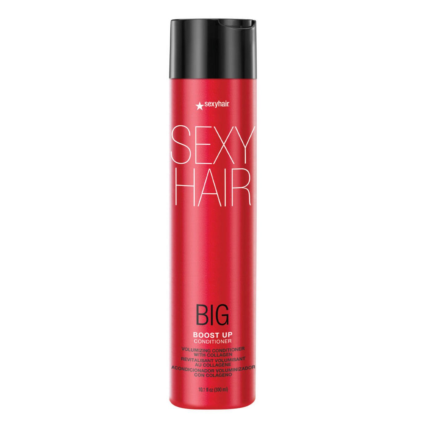 Sexy Hair Big Boost Up Conditioner is a volumizing conditioner with collagen, designed to add volume and fullness to hair. It comes in a red bottle with a black cap and contains 10.1 fl oz (300 ml).