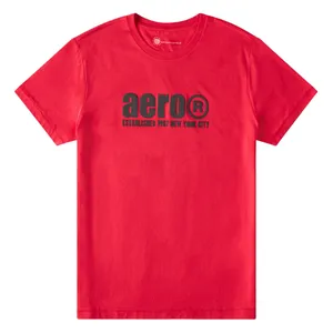 Red T-shirt with \“aero®\“ printed in black, along with \“Established 1987 New York City.\“
