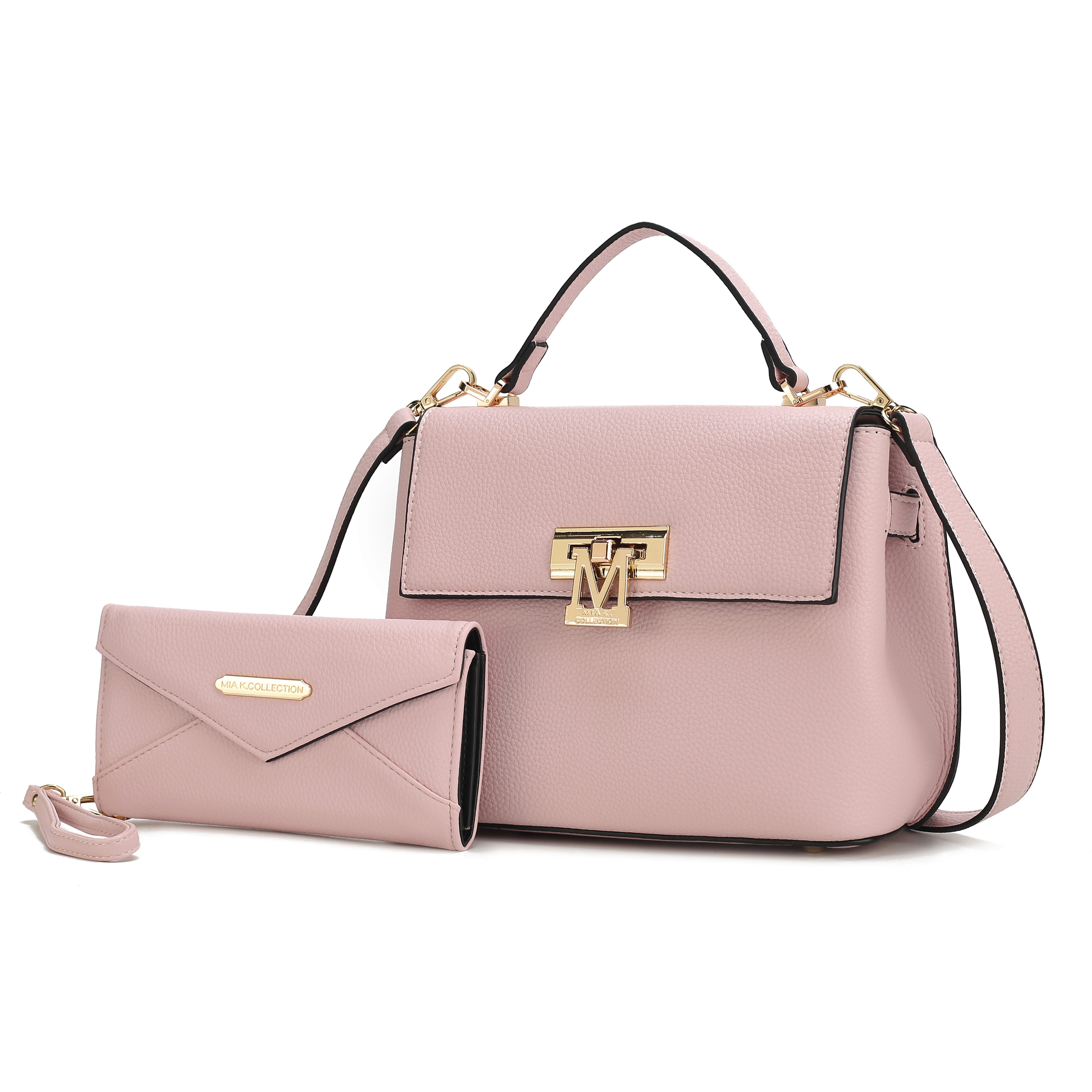 A pink handbag with a gold \“MV\“ logo clasp and a matching pink wallet featuring a small gold plaque. Both have detachable straps.