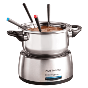 The Nostalgia Electric Fondue Pot is a stainless steel fondue set with a heat-adjustable base and color-coded forks, designed for melting chocolate, cheese, or other ingredients.