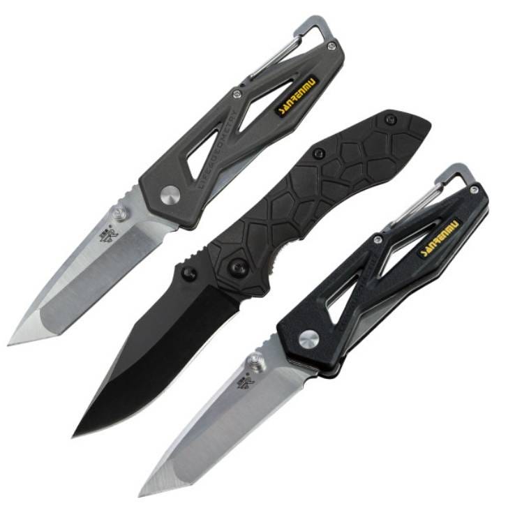 Three folding pocket knives with metal handles; two feature partially serrated blades, and one has a plain edge blade. Each has a belt clip and distinct geometric grip design.
