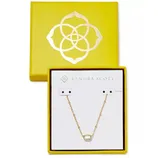 Kendra Scott Boxed Mini Elisa Pendant Necklace features a delicate gold chain with a small, oval-shaped pendant surrounded by crystals, presented in a signature yellow box with a floral emblem.