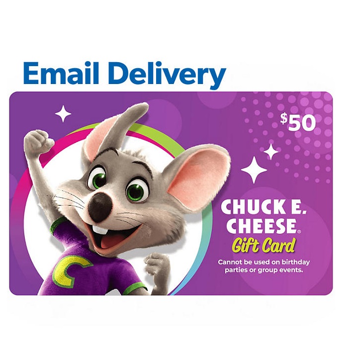 $50 Chuck E. Cheese gift card, delivered via email, exclusions apply.