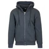 A dark gray zip-up hoodie with a drawstring hood and ribbed cuffs.