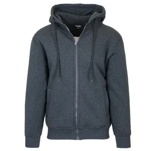 A dark gray zip-up hoodie with a drawstring hood and ribbed cuffs.