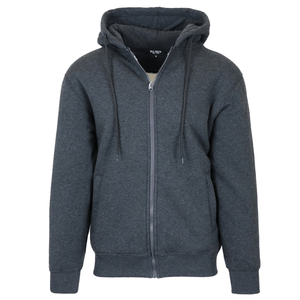 A dark gray zip-up hoodie with a drawstring hood and ribbed cuffs.