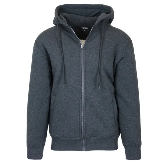 A dark gray zip-up hoodie with a drawstring hood and ribbed cuffs.
