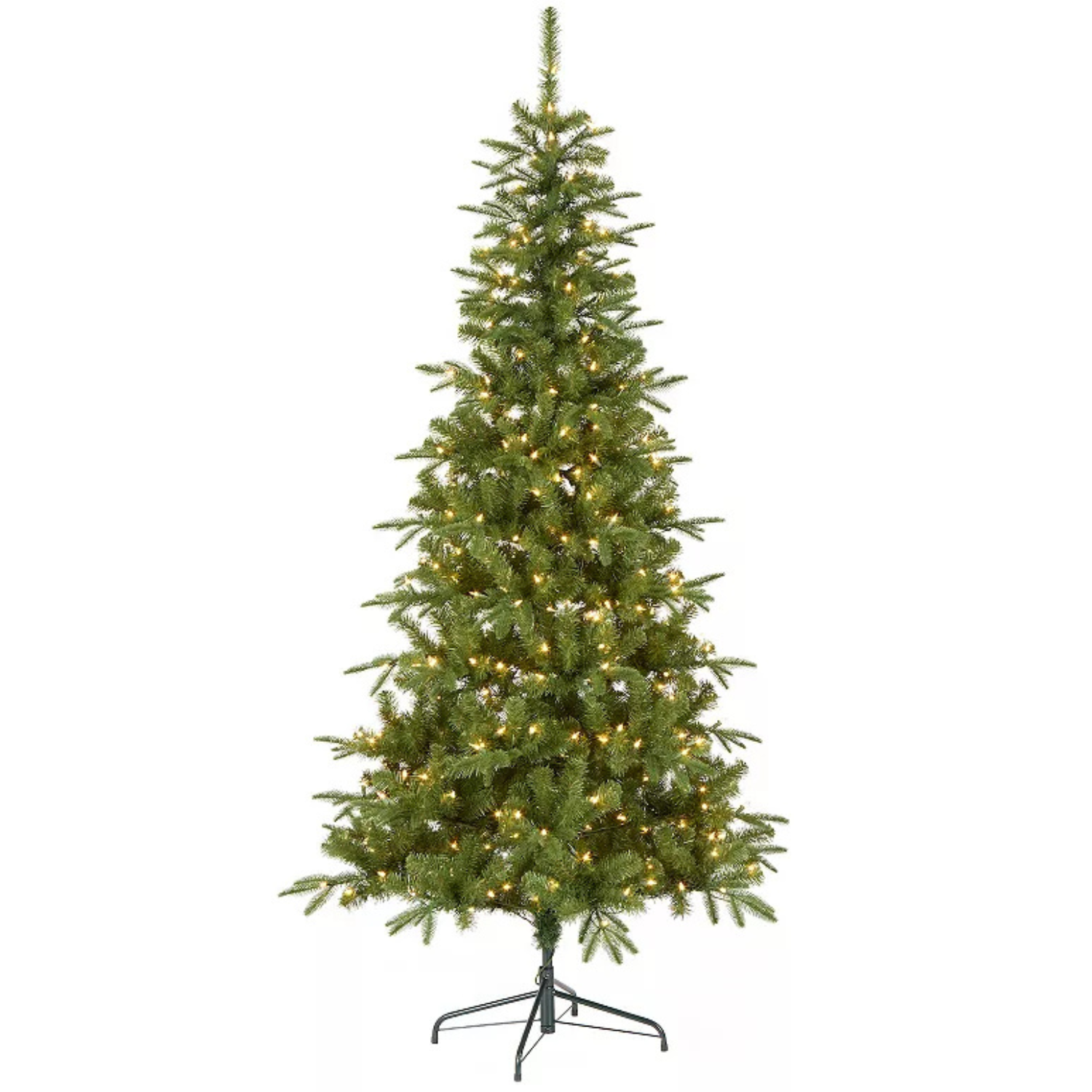 A 7' artificial Christmas tree with pre-lit warm white lights, featuring a slender design and a metal stand.