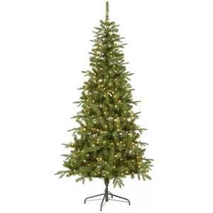 A 7' artificial Christmas tree with pre-lit warm white lights, featuring a slender design and a metal stand.