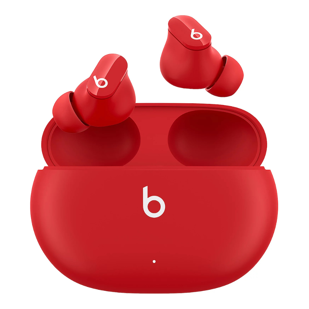 Red wireless earbuds with a matching charging case, featuring a prominent white \“b\“ logo on both the earbuds and the case.