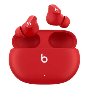 Red wireless earbuds with a matching charging case, featuring a prominent white \“b\“ logo on both the earbuds and the case.