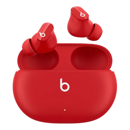 Red wireless earbuds with a matching charging case, featuring a prominent white \“b\“ logo on both the earbuds and the case.