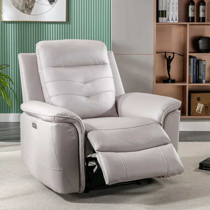 A light gray recliner chair with padded arms and backrest, featuring a footrest extension. It is situated in a living room with bookshelves and decorative elements in the background.