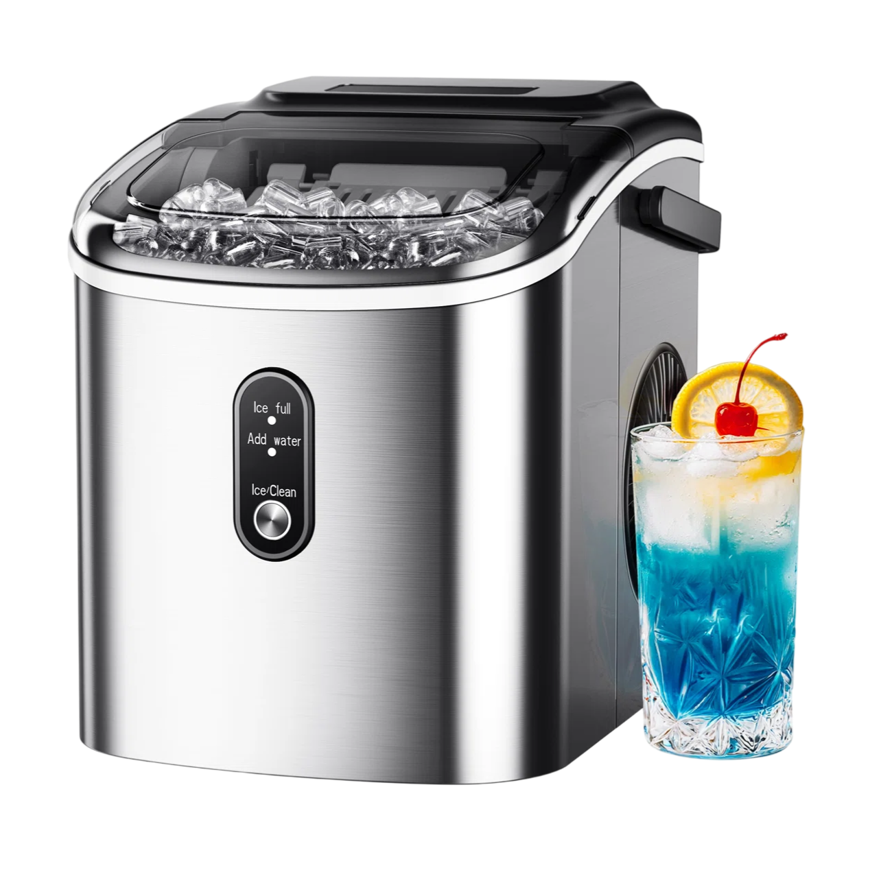 A countertop ice maker with a stainless steel finish, displaying an \“Ice/Clean\“ button and indicators. Next to it is a glass of blue cocktail with ice, a lemon slice, and a cherry garnish.